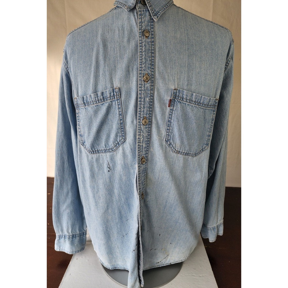 VTG LEVI'S Red Tab MEN'S Denim 2-POCKET Long Sleeve‎ Destroyed Work Shirt Sz M